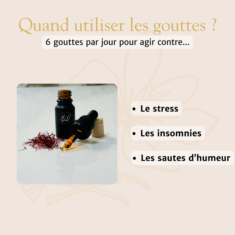 Prendre 6 gouttes par jour contre le stress, les insomnies, et le sautes d'humeur